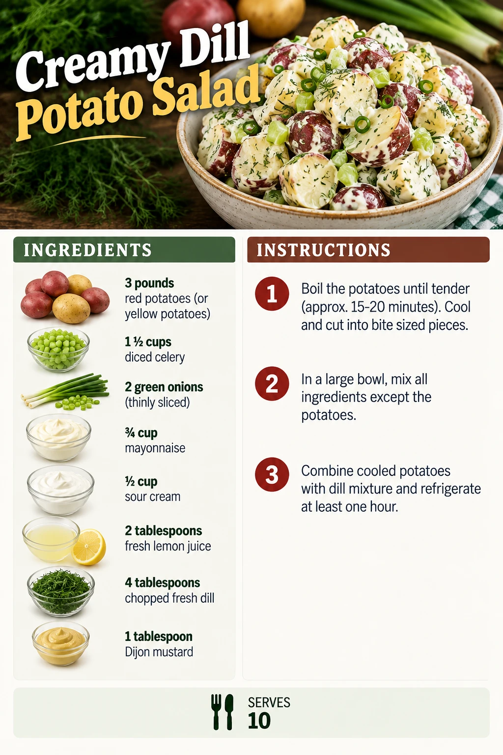 Saved Creamy Dill Potato Salad recipe card; accessible ingredients and instructions are listed above.