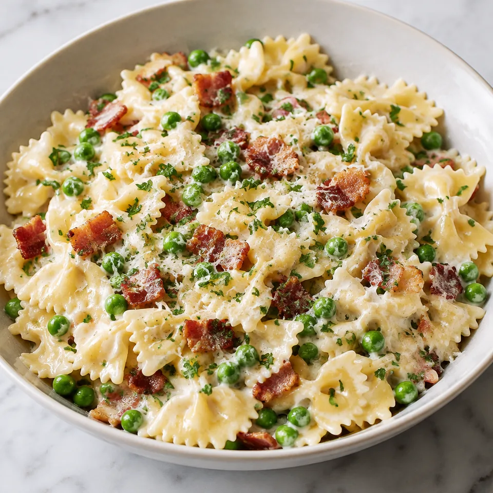 Creamy farfalle with peas and bacon — serving inspiration