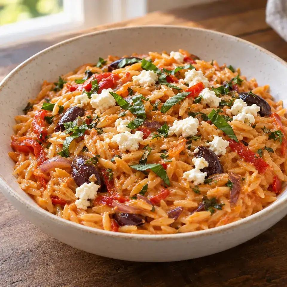 Creamy Goat Cheese & Roasted Red Pepper Risoni (Orzo) — serving inspiration
