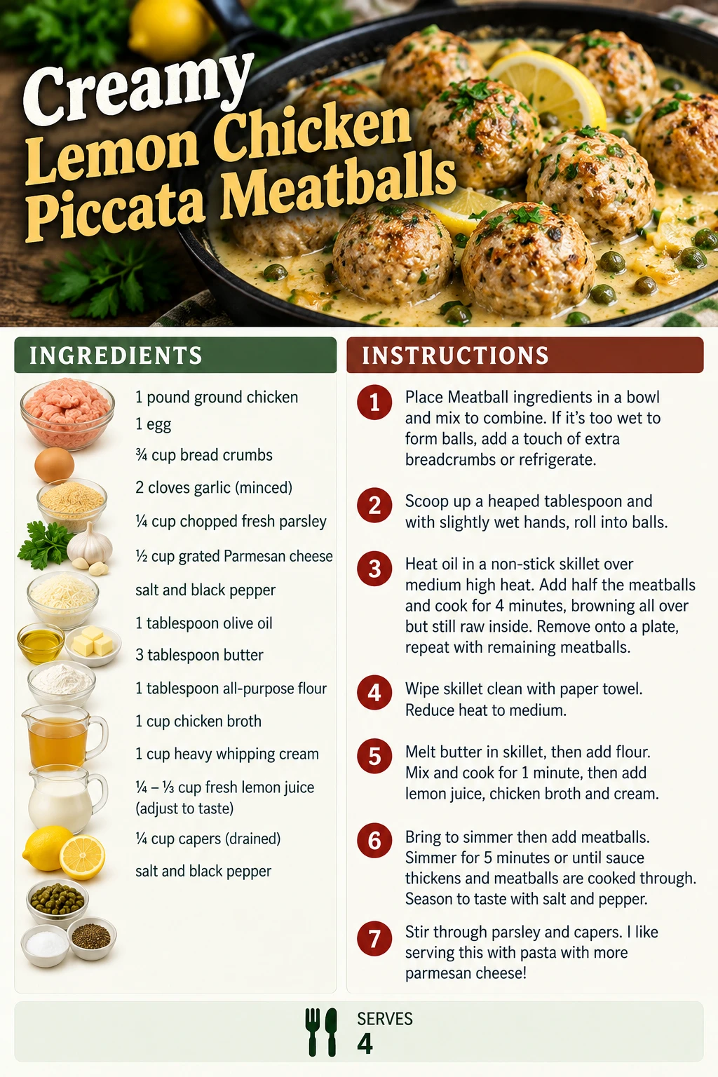 Saved Creamy Lemon Chicken Piccata Meatballs recipe card; accessible ingredients and instructions are listed above.