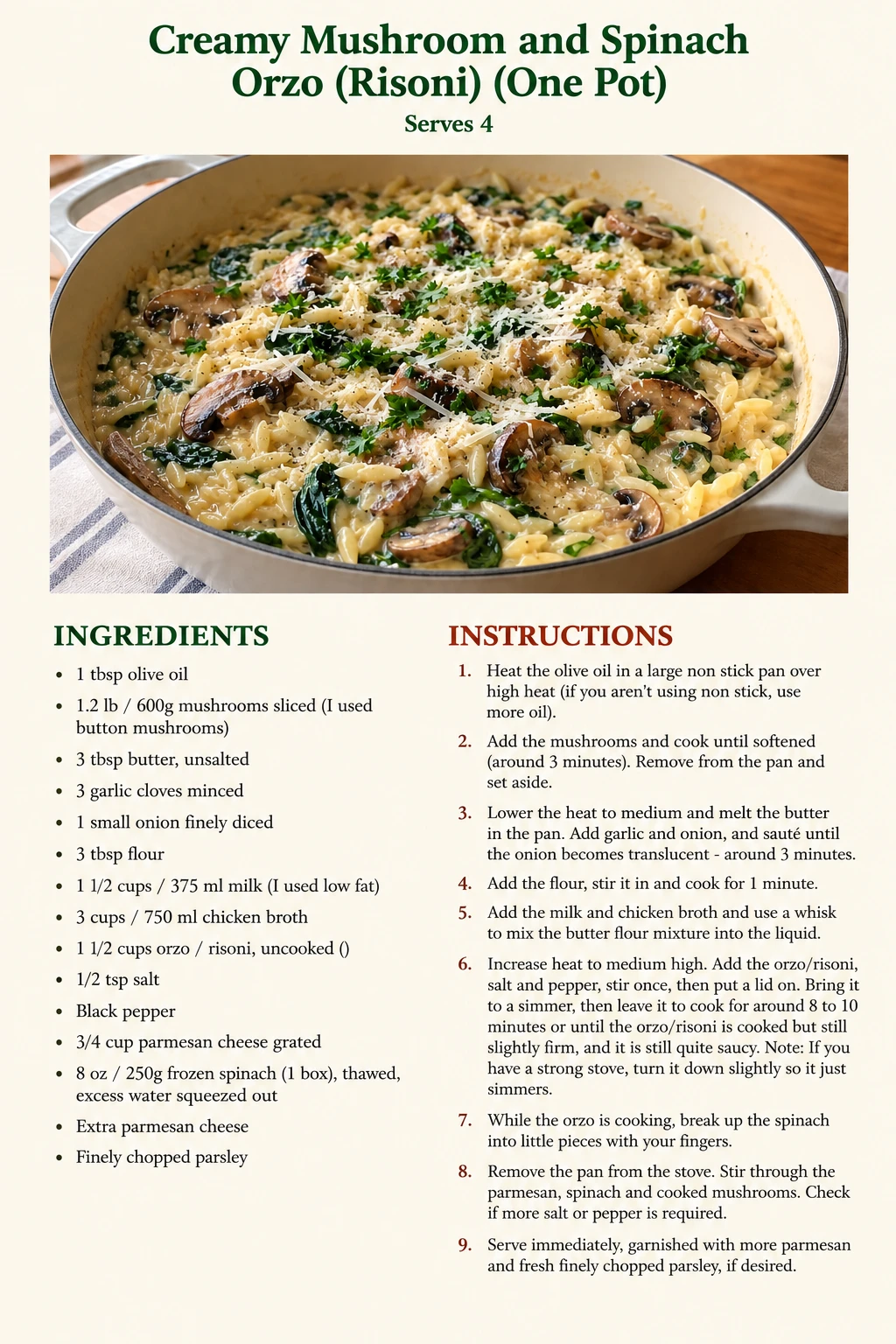 Saved Creamy Mushroom and Spinach Orzo (Risoni) (One Pot) recipe card; accessible ingredients and instructions are listed above.