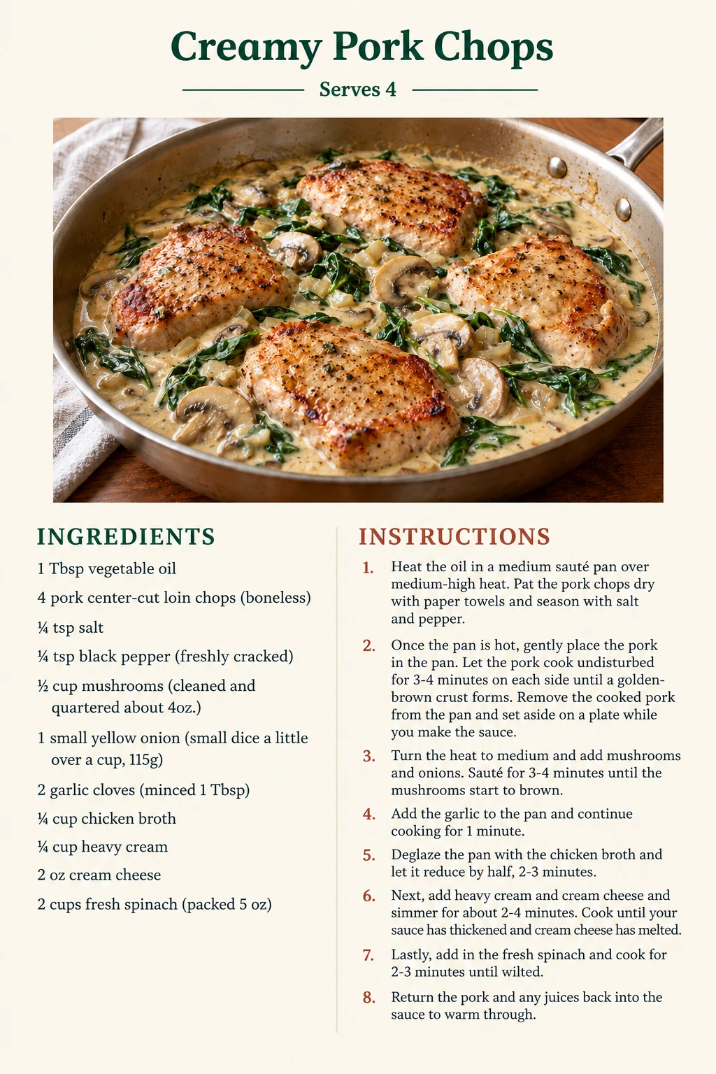 Saved Creamy Pork Chops recipe card; accessible ingredients and instructions are listed above.