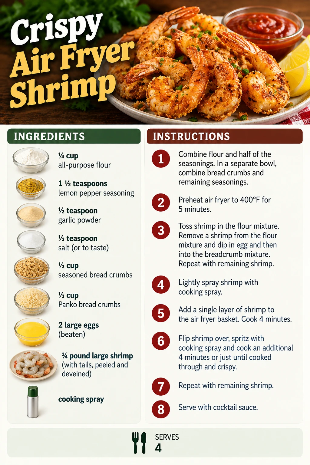 Saved Crispy Air Fryer Shrimp recipe card; accessible ingredients and instructions are listed above.
