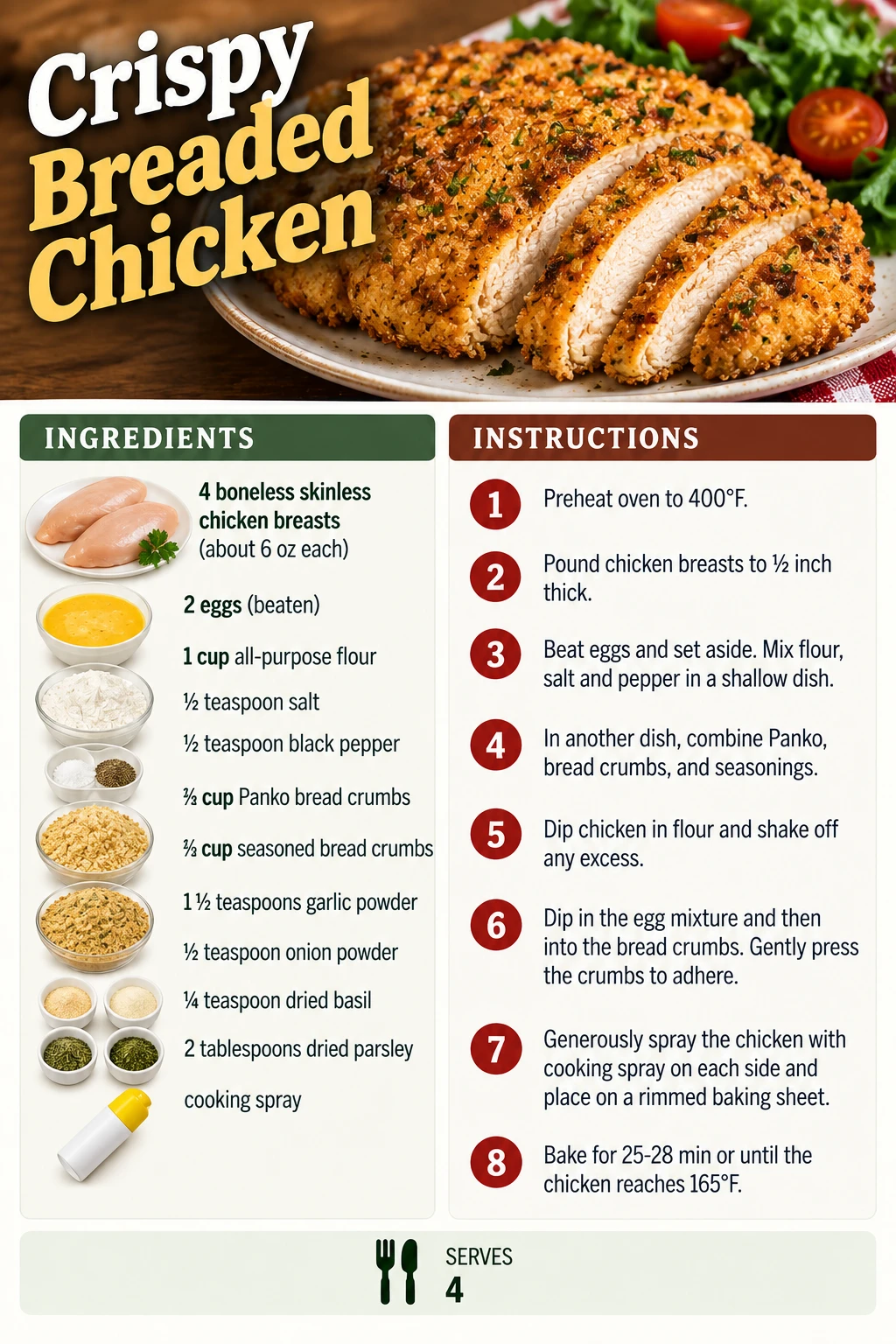 Saved Crispy Breaded Chicken recipe card; accessible ingredients and instructions are listed above.