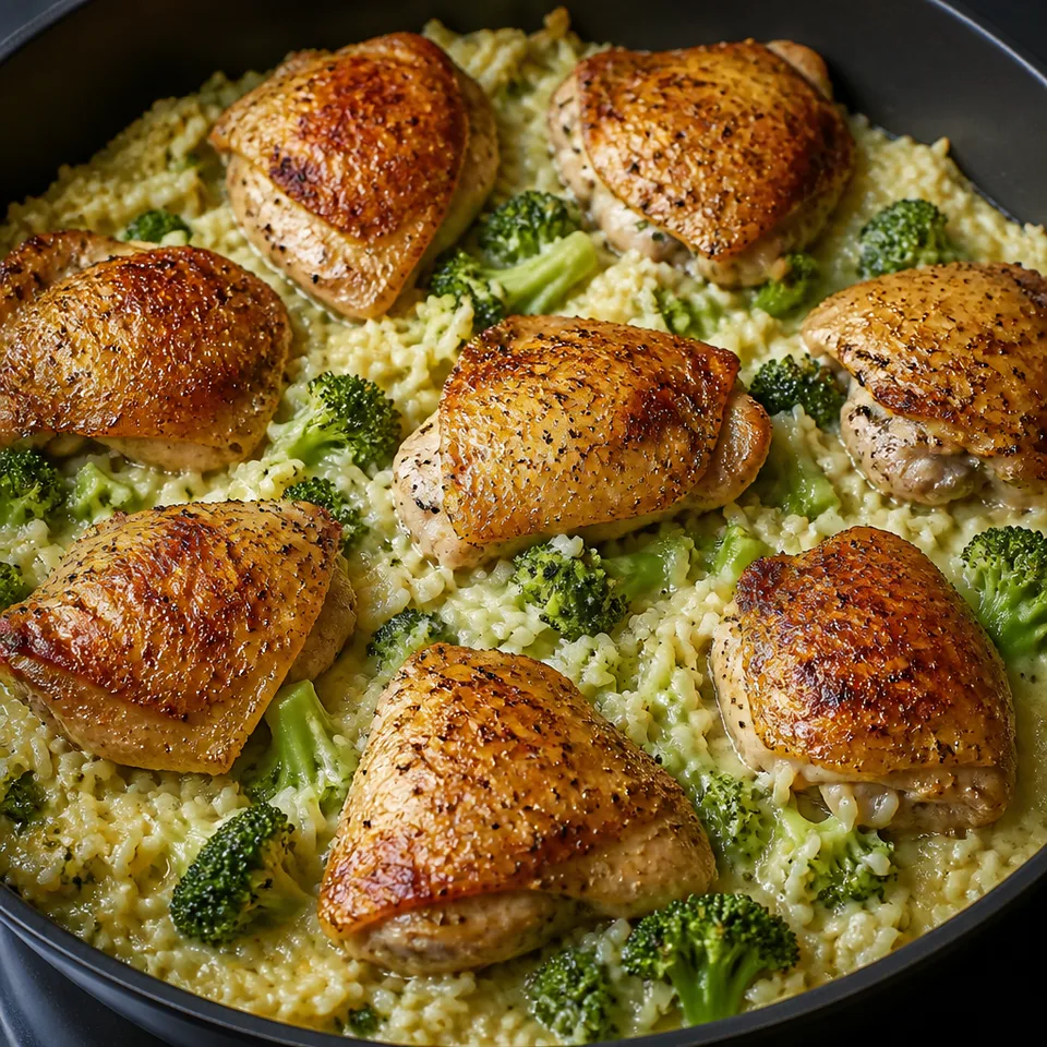 Crispy chicken thighs on cheesy broccoli rice — serving inspiration