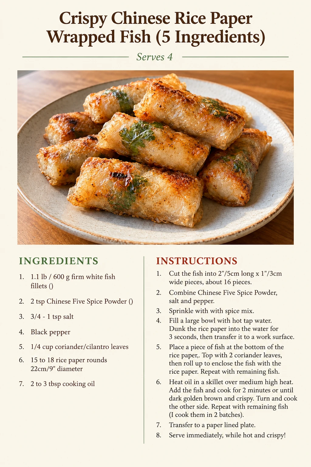 Saved Crispy Chinese Rice Paper Wrapped Fish (5 Ingredients) recipe card; accessible ingredients and instructions are listed above.
