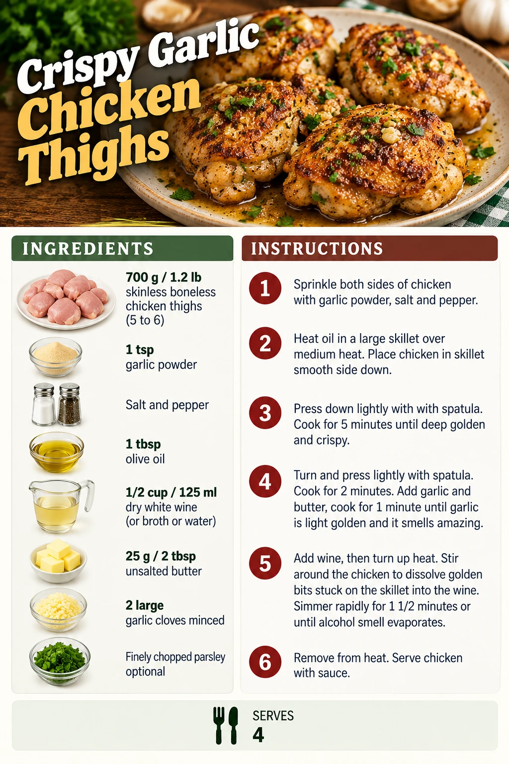 Saved Crispy Garlic Chicken Thighs recipe card; accessible ingredients and instructions are listed above.