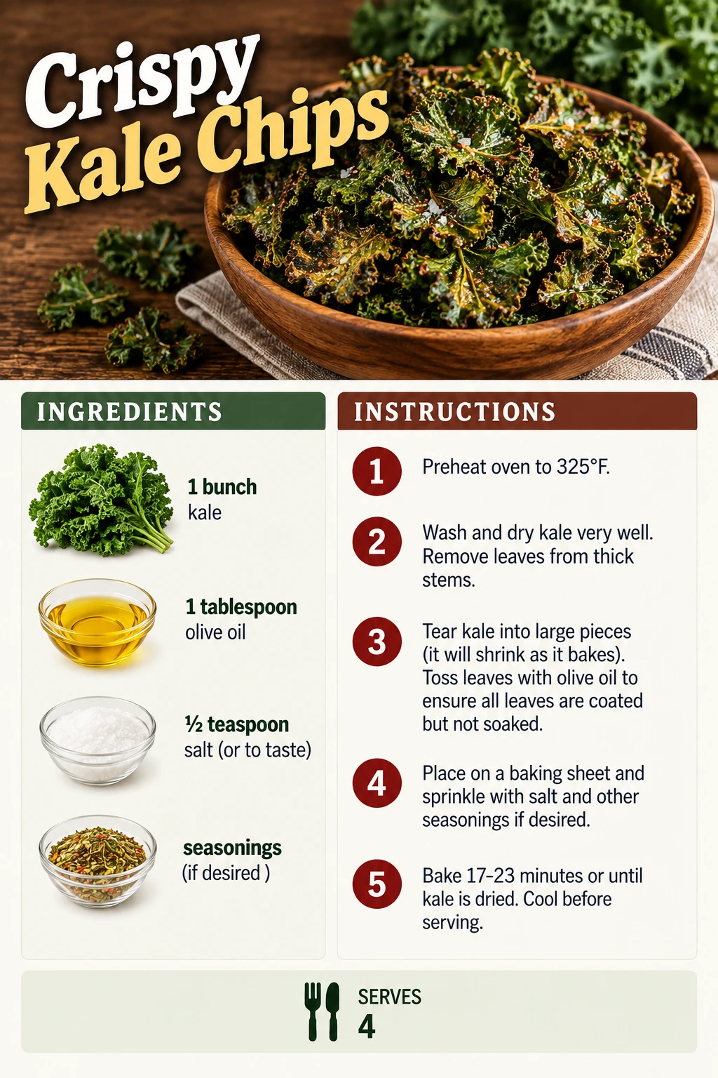 Saved Crispy Kale Chips recipe card; accessible ingredients and instructions are listed above.