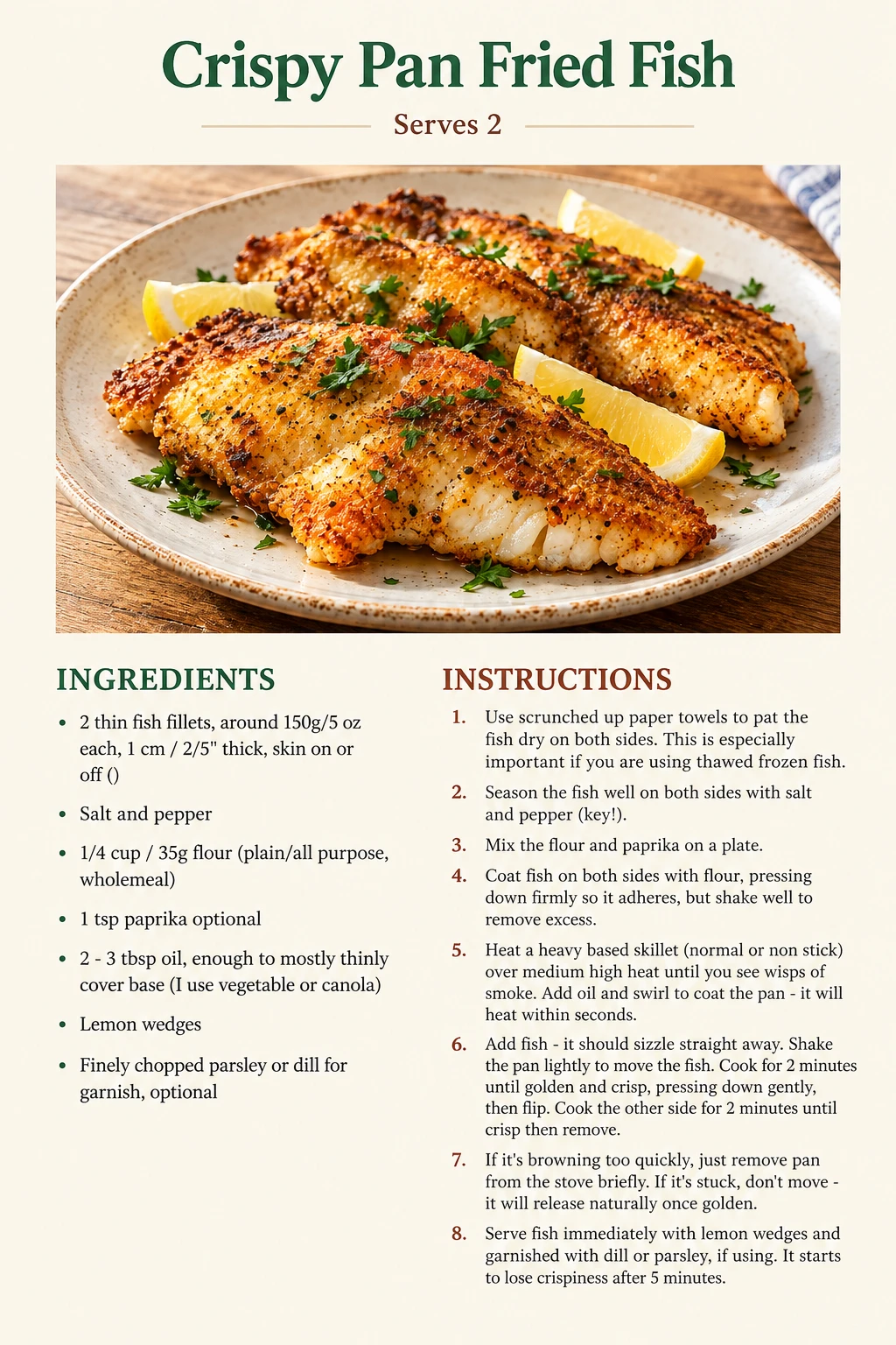 Saved Crispy Pan Fried Fish recipe card; accessible ingredients and instructions are listed above.