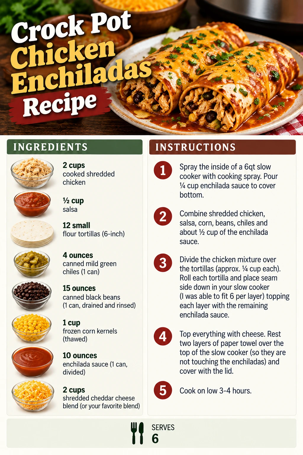 Saved Crock Pot Chicken Enchiladas Recipe recipe card; accessible ingredients and instructions are listed above.