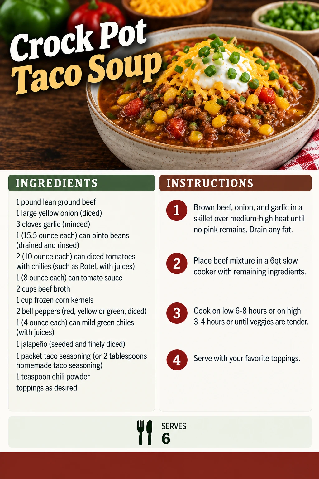 Saved Crock Pot Taco Soup recipe card; accessible ingredients and instructions are listed above.