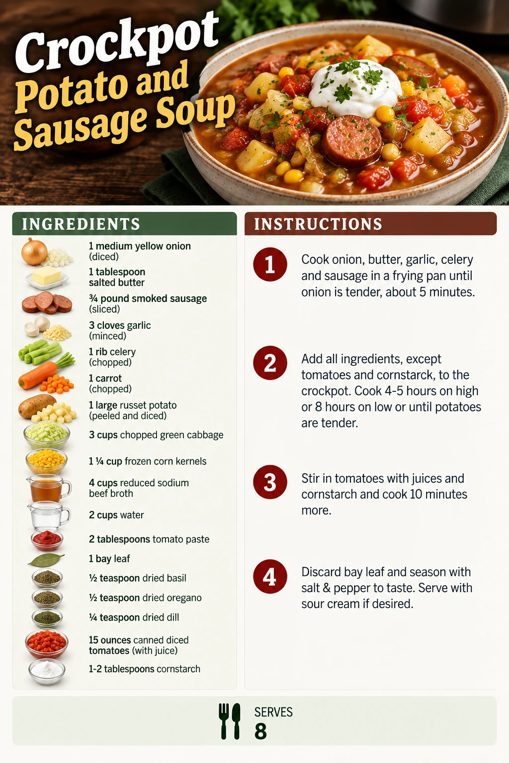 Saved Crockpot Potato and Sausage Soup recipe card; accessible ingredients and instructions are listed above.