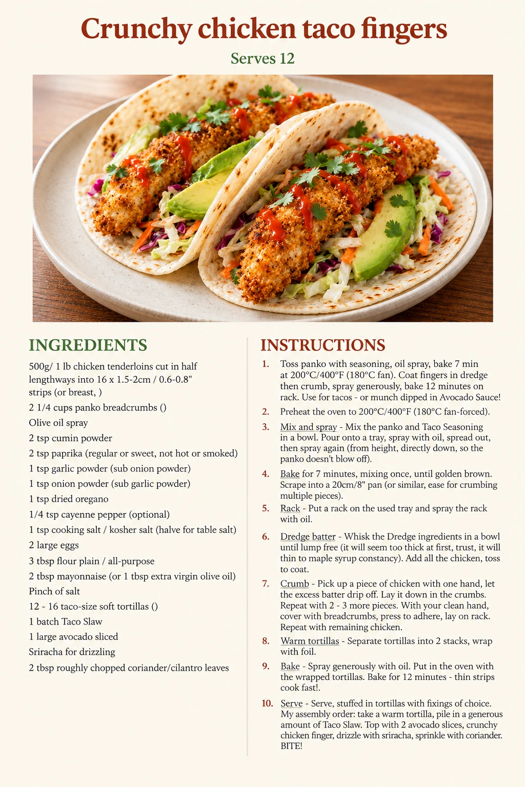 Saved Crunchy chicken taco fingers recipe card; accessible ingredients and instructions are listed above.