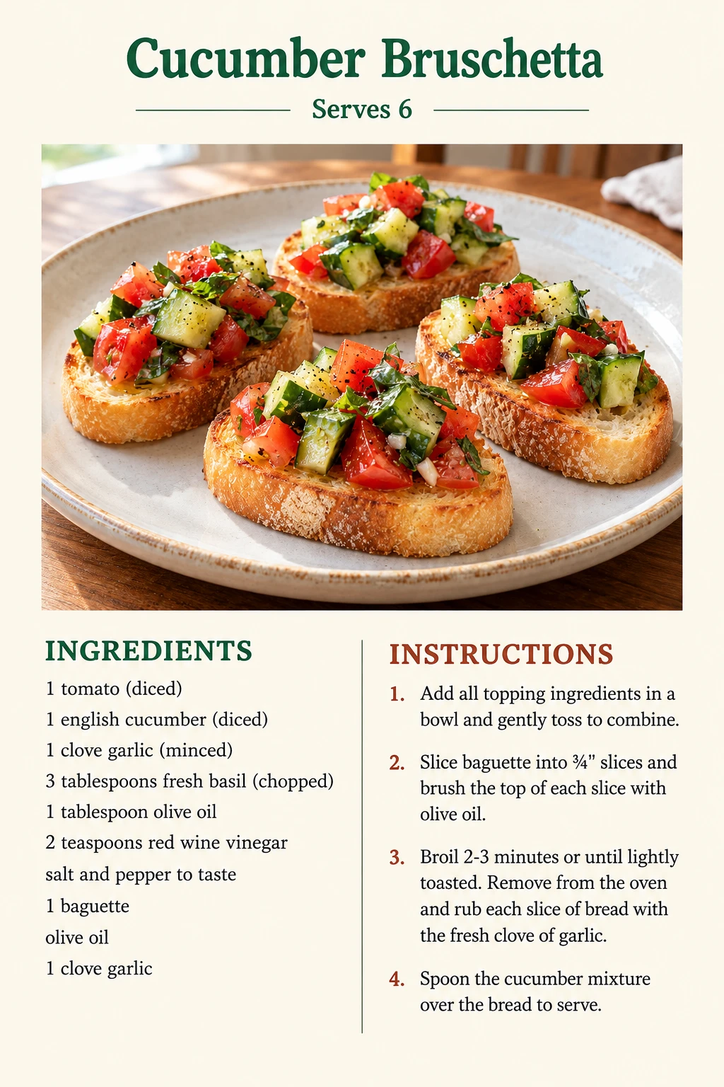 Saved Cucumber Bruschetta recipe card; accessible ingredients and instructions are listed above.