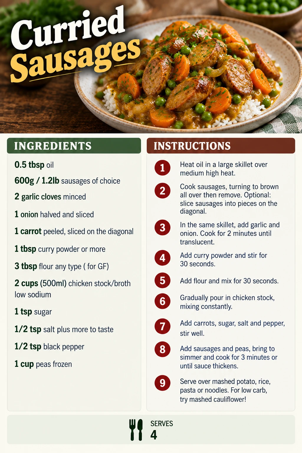 Saved Curried Sausages recipe card; accessible ingredients and instructions are listed above.