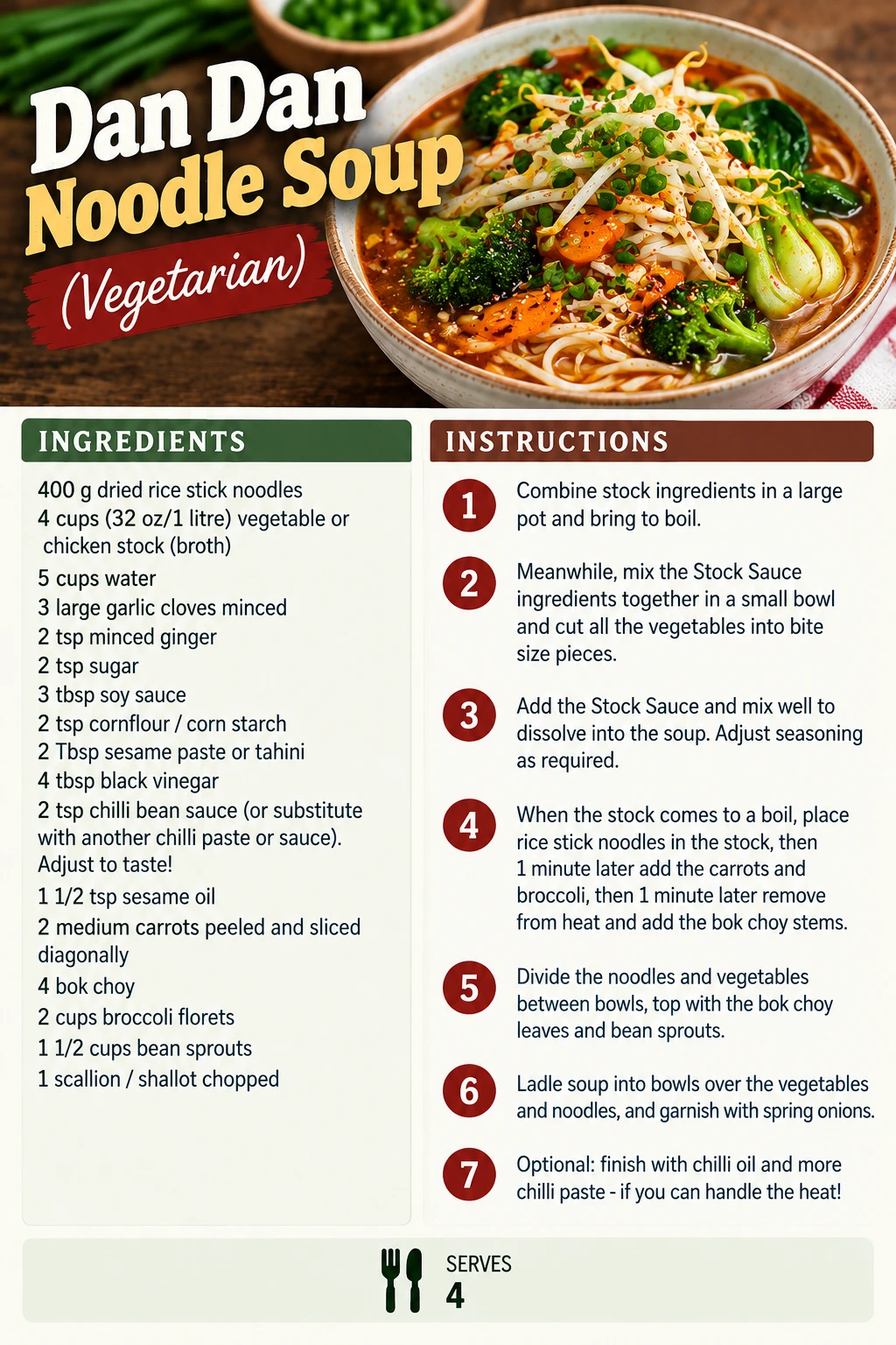 Saved Dan Dan Noodle Soup (Vegetarian) recipe card; accessible ingredients and instructions are listed above.