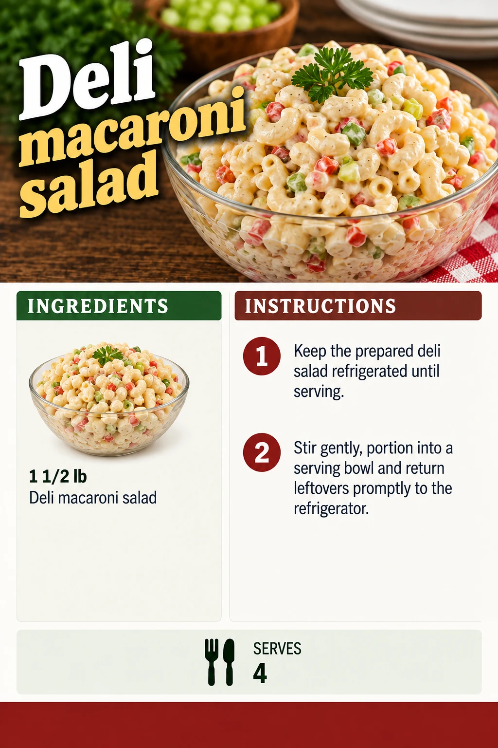 Saved Deli macaroni salad recipe card; accessible ingredients and instructions are listed above.