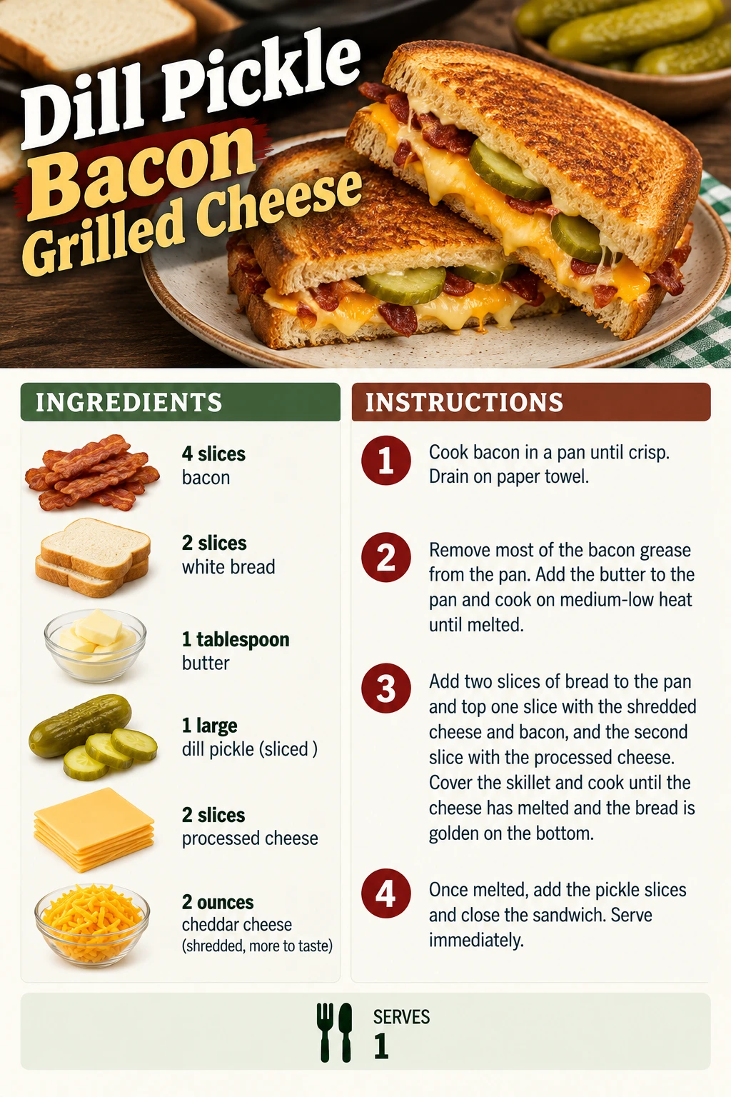 Saved Dill Pickle Bacon Grilled Cheese recipe card; accessible ingredients and instructions are listed above.
