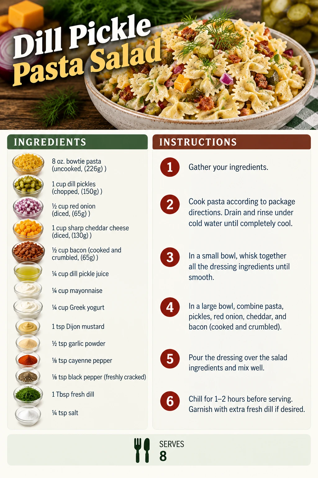 Saved Dill Pickle Pasta Salad recipe card; accessible ingredients and instructions are listed above.