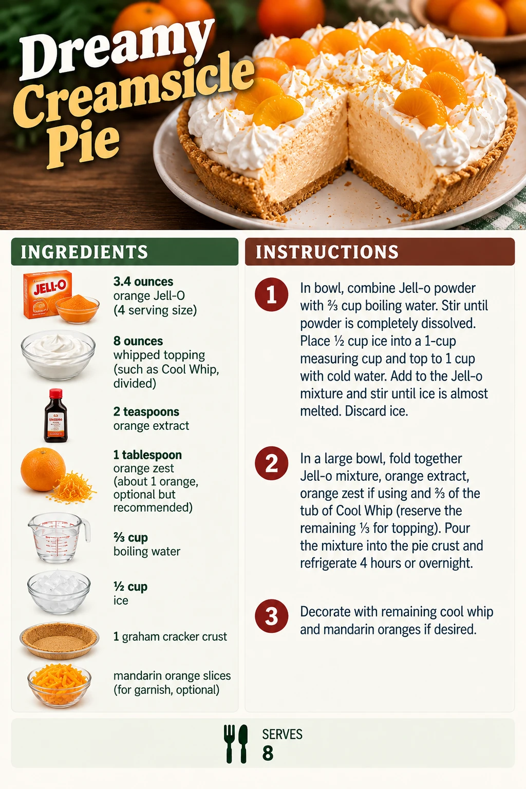 Saved Dreamy Creamsicle Pie recipe card; accessible ingredients and instructions are listed above.