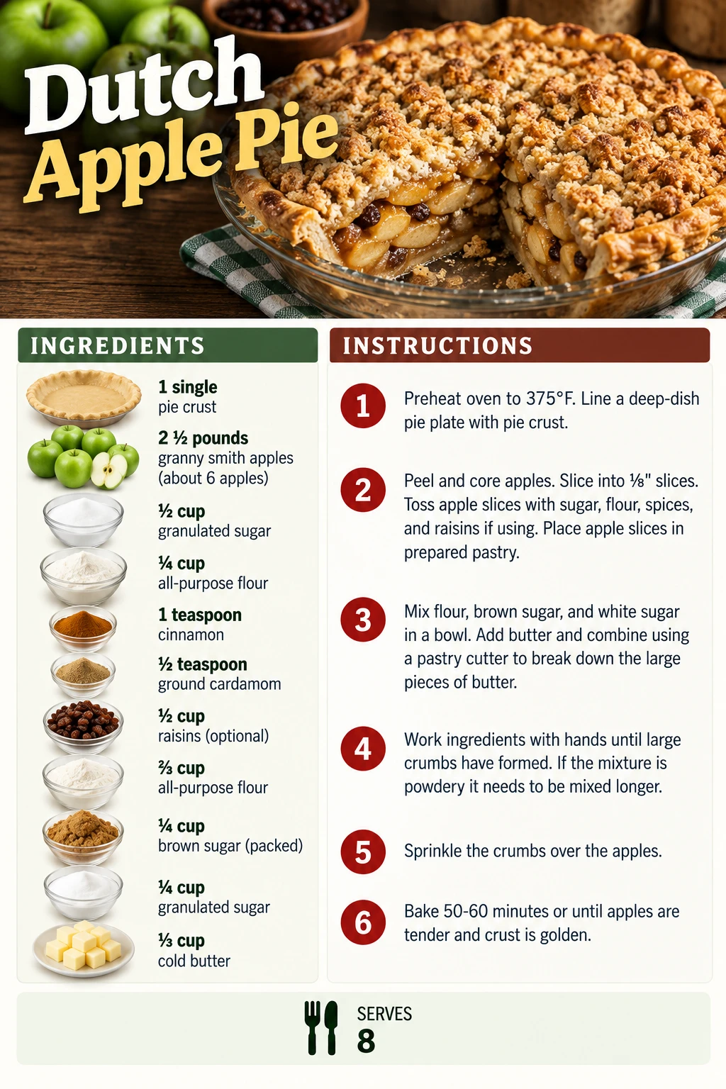 Saved Dutch Apple Pie recipe card; accessible ingredients and instructions are listed above.