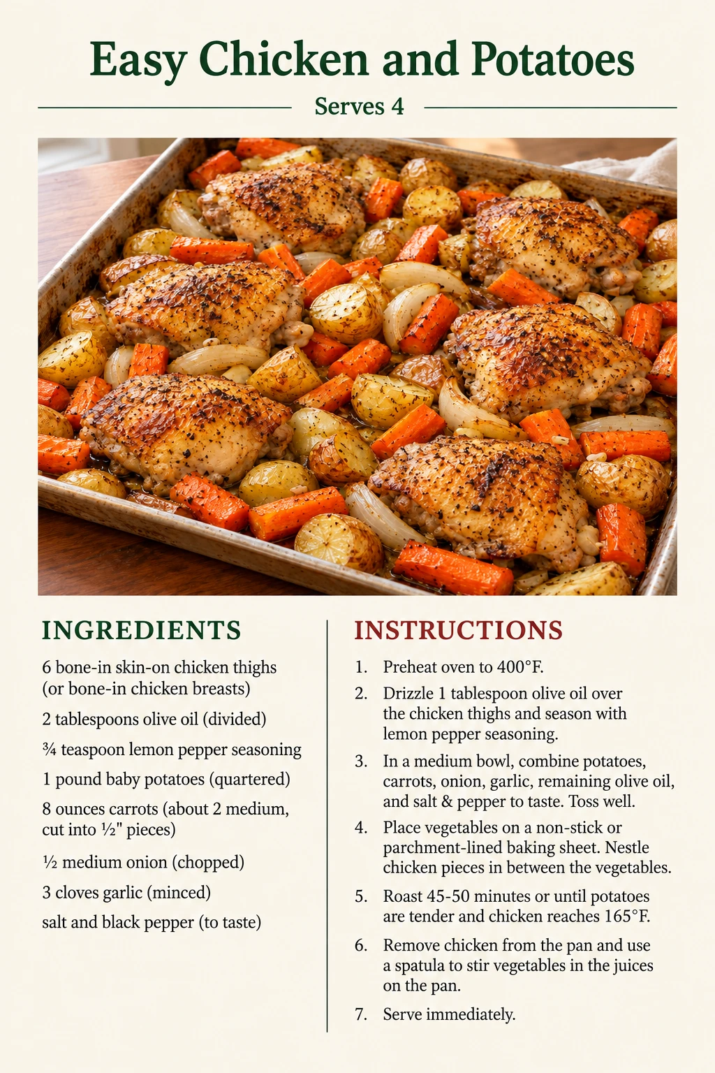 Saved Easy Chicken and Potatoes recipe card; accessible ingredients and instructions are listed above.
