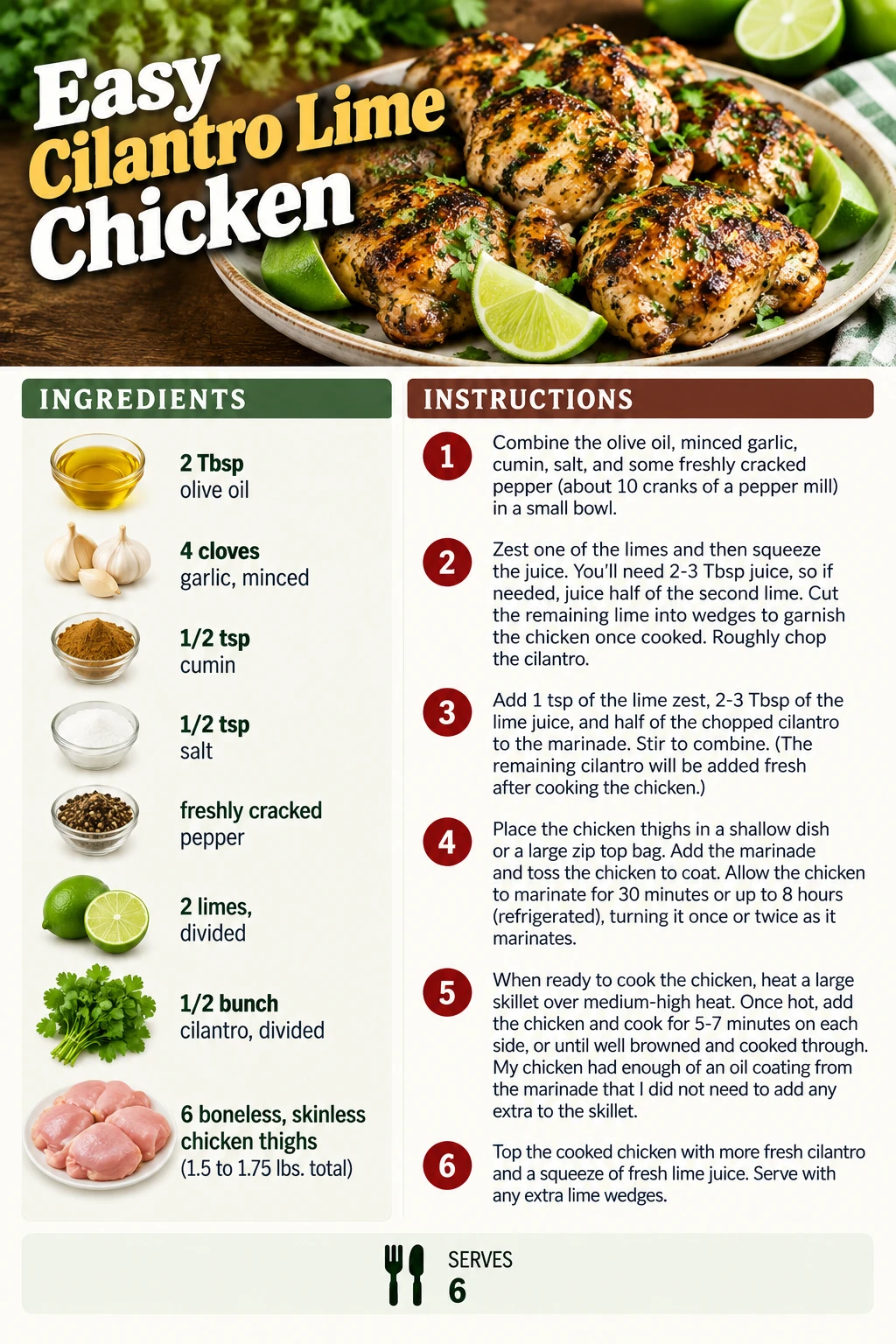 Saved Easy Cilantro Lime Chicken recipe card; accessible ingredients and instructions are listed above.
