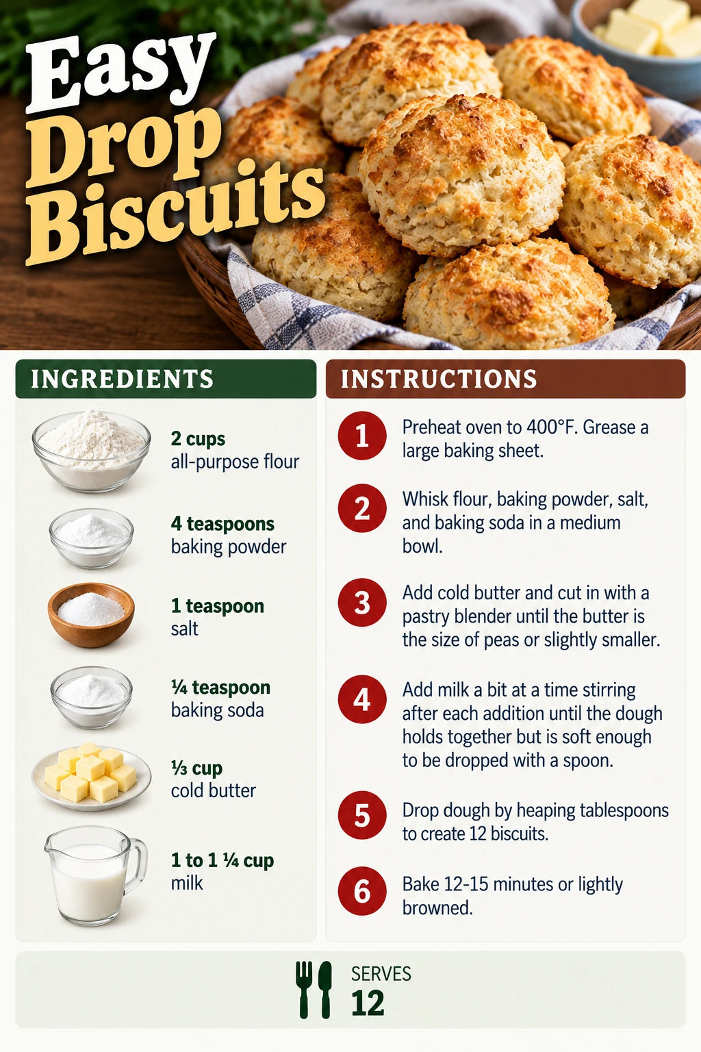 Saved Easy Drop Biscuits recipe card; accessible ingredients and instructions are listed above.