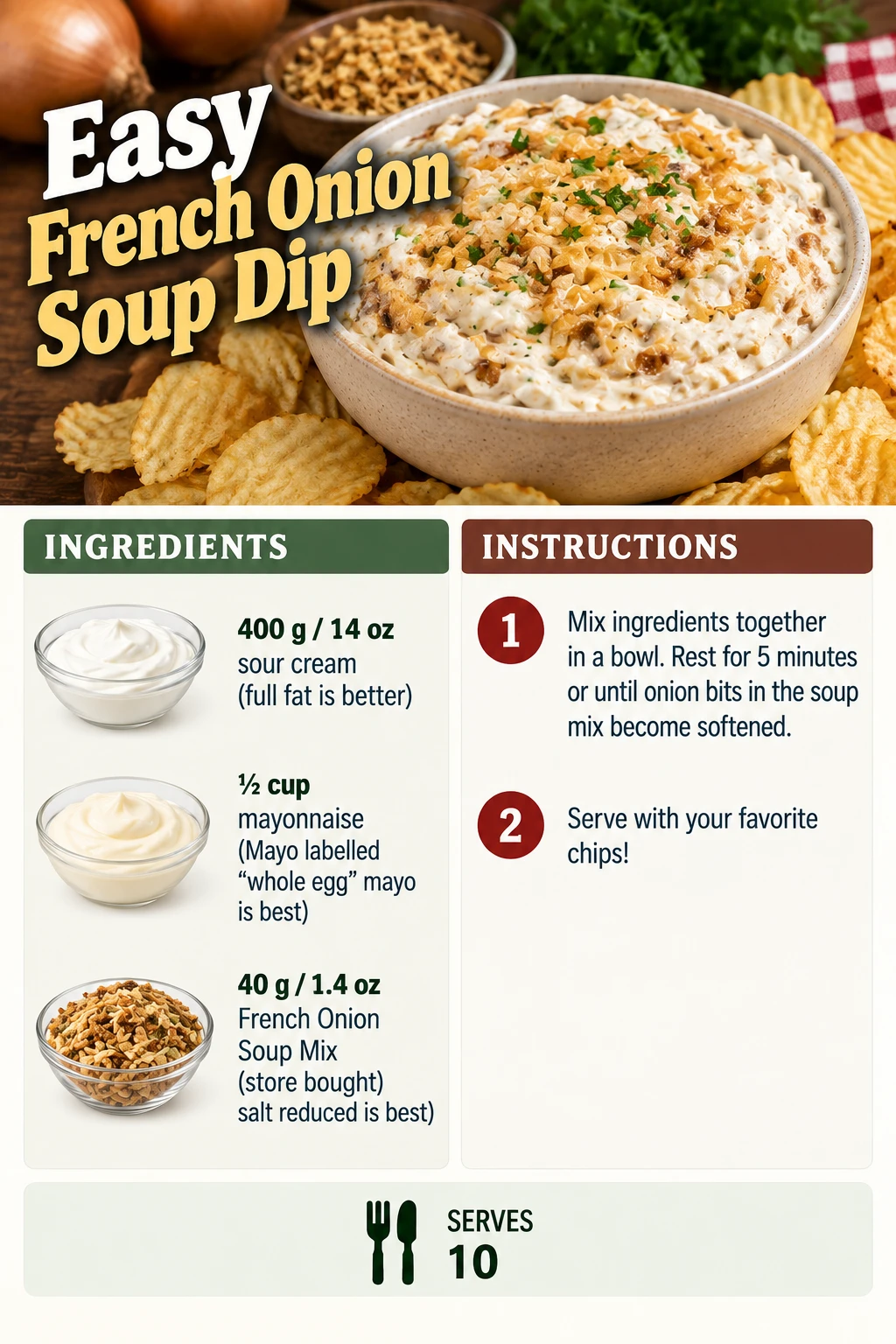 Saved Easy French Onion Soup Dip recipe card; accessible ingredients and instructions are listed above.