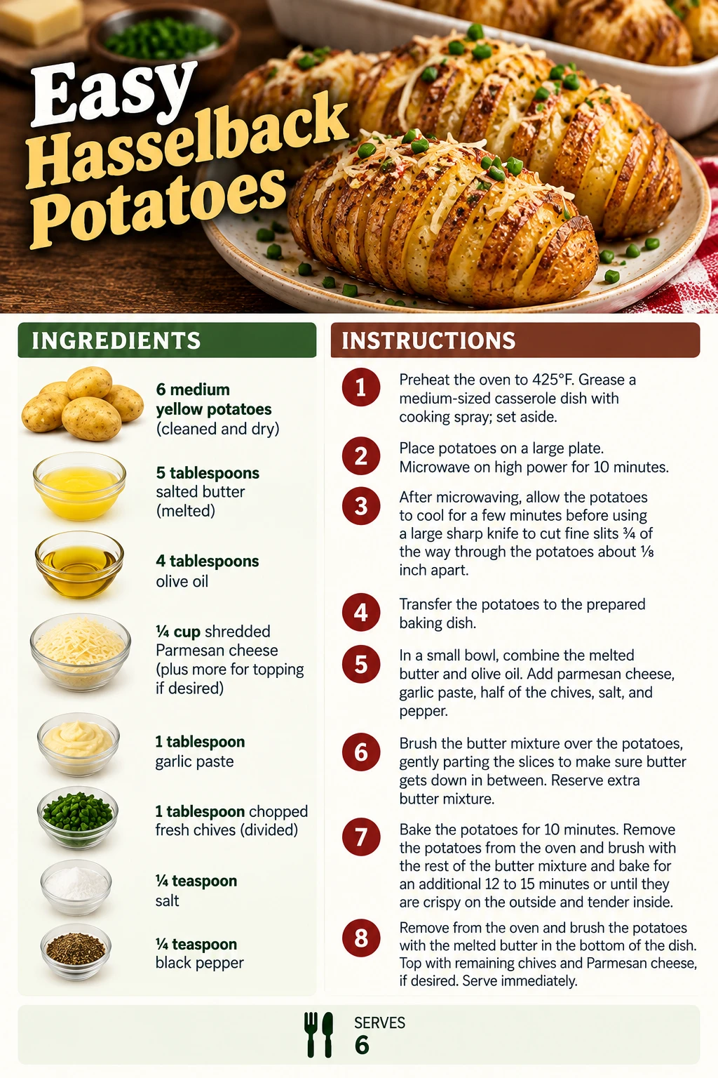 Saved Easy Hasselback Potatoes recipe card; accessible ingredients and instructions are listed above.
