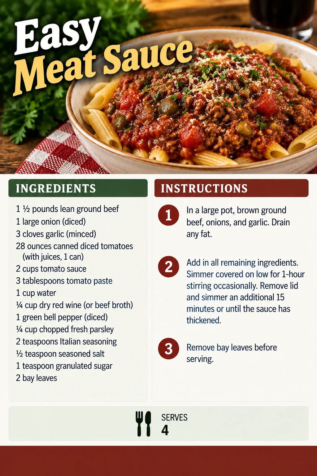 Saved Easy Meat Sauce recipe card; accessible ingredients and instructions are listed above.