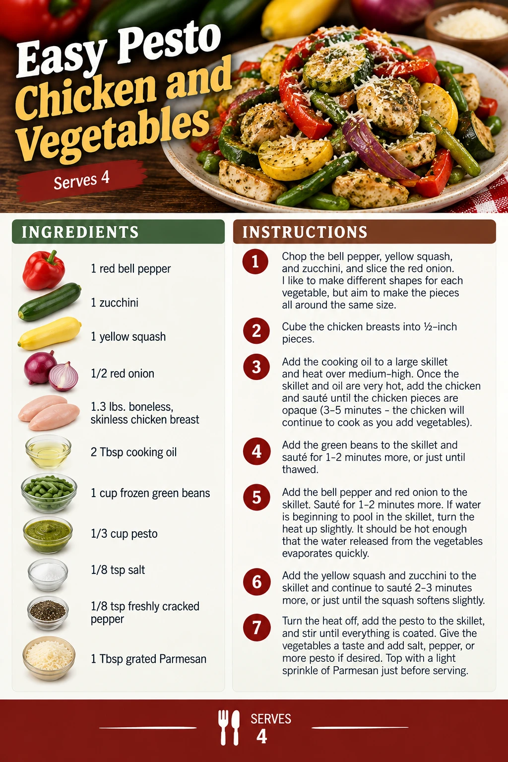 Saved Easy Pesto Chicken and Vegetables recipe card; accessible ingredients and instructions are listed above.