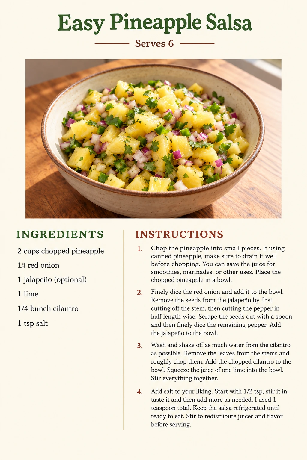 Saved Easy Pineapple Salsa recipe card; accessible ingredients and instructions are listed above.