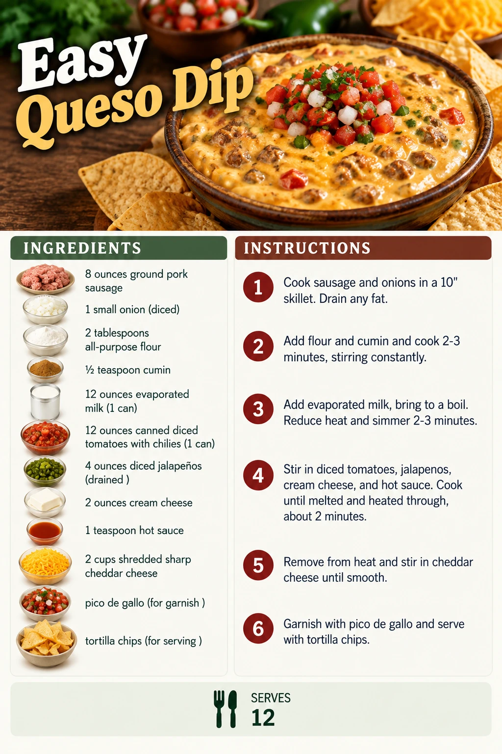 Saved Easy Queso Dip recipe card; accessible ingredients and instructions are listed above.