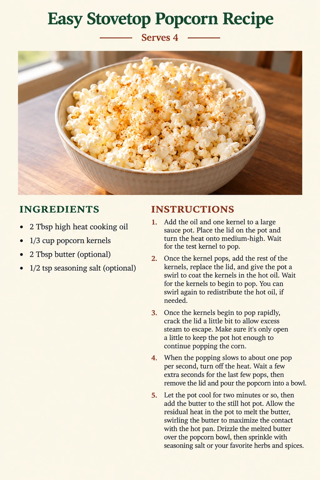 Saved Easy Stovetop Popcorn Recipe recipe card; accessible ingredients and instructions are listed above.