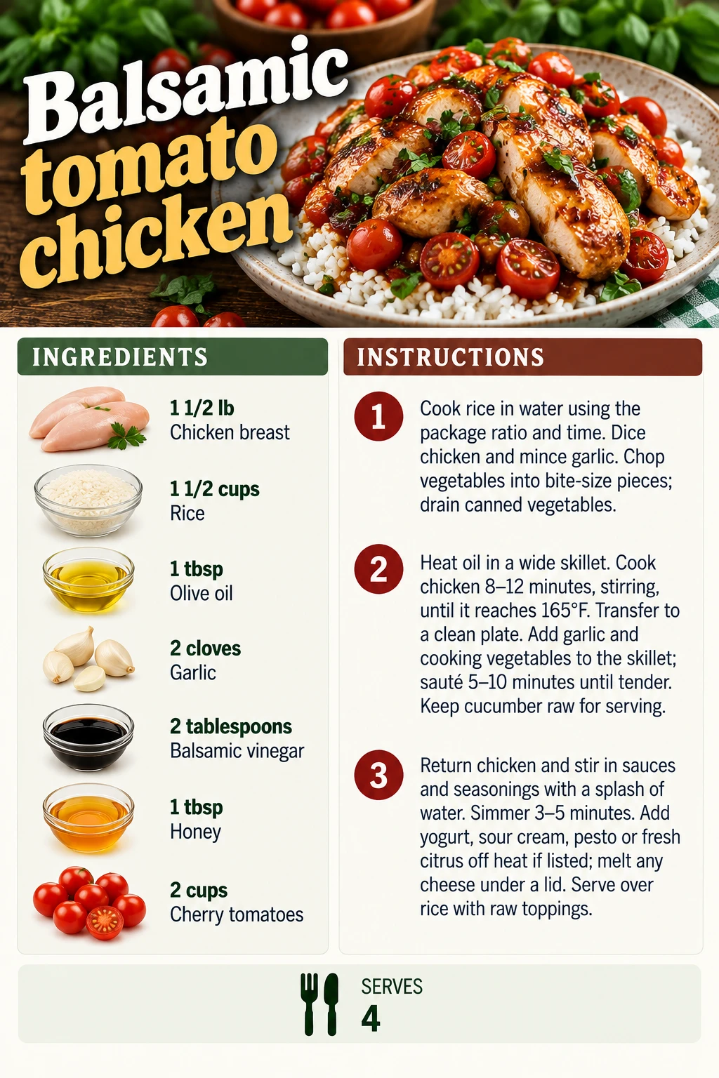 Saved Balsamic tomato chicken recipe card; accessible ingredients and instructions are listed above.