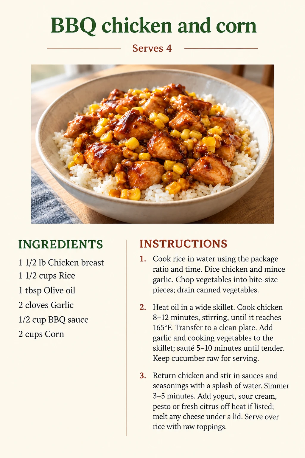 Saved BBQ chicken and corn recipe card; accessible ingredients and instructions are listed above.