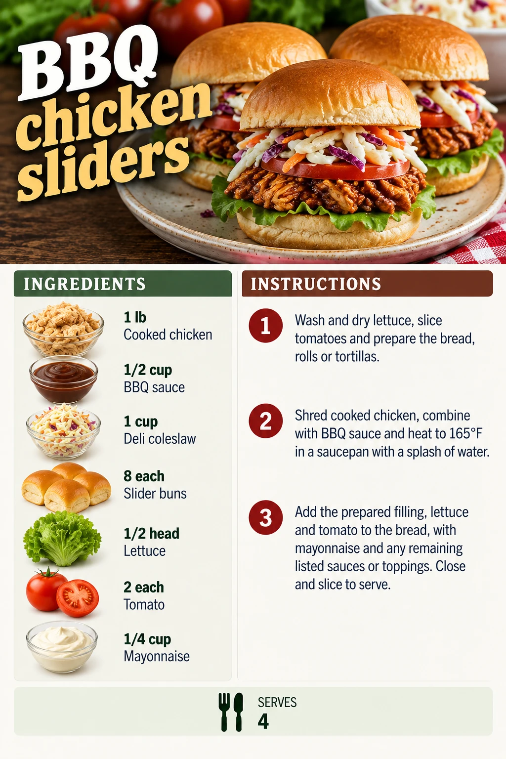 Saved BBQ chicken sliders recipe card; accessible ingredients and instructions are listed above.