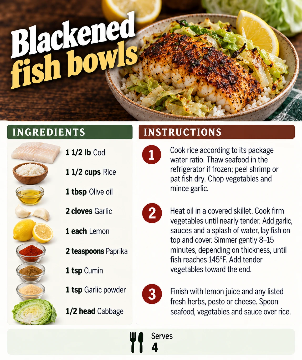 Saved Blackened fish bowls recipe card; accessible ingredients and instructions are listed above.