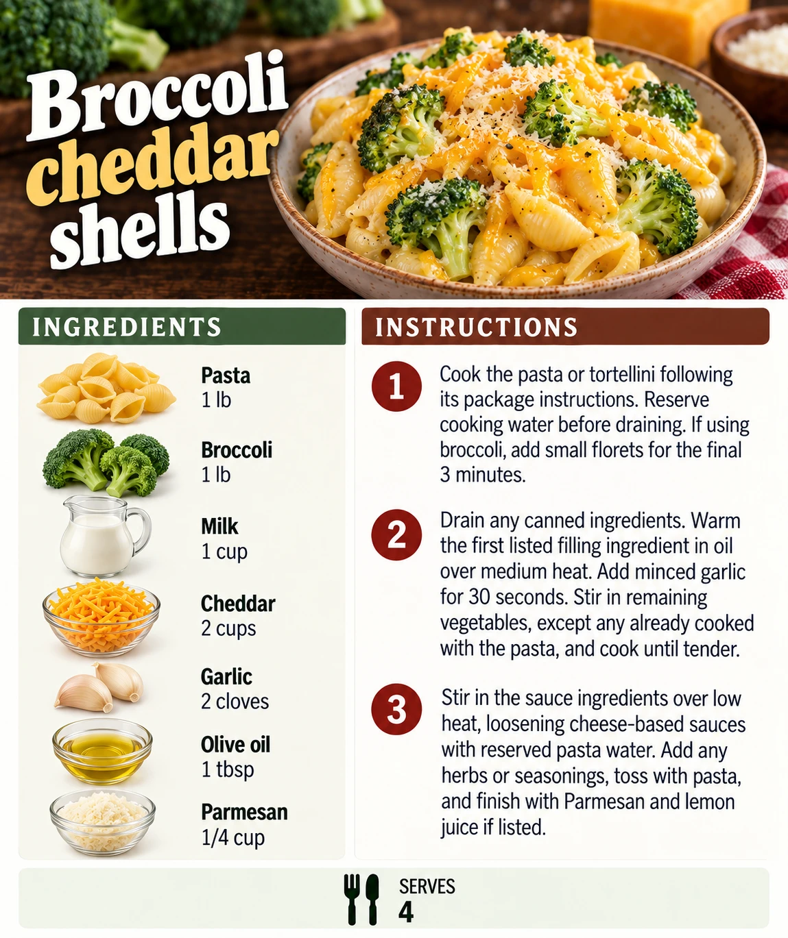 Saved Broccoli cheddar shells recipe card; accessible ingredients and instructions are listed above.