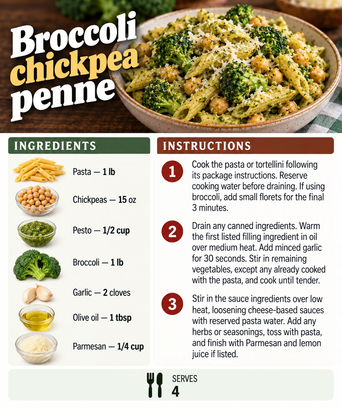 Saved Broccoli chickpea penne recipe card; accessible ingredients and instructions are listed above.