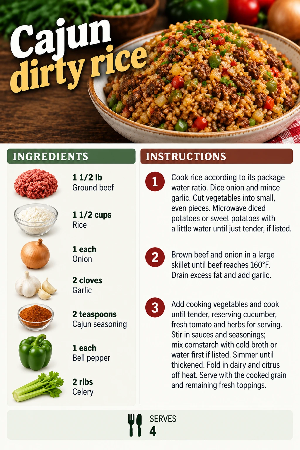 Saved Cajun dirty rice recipe card; accessible ingredients and instructions are listed above.