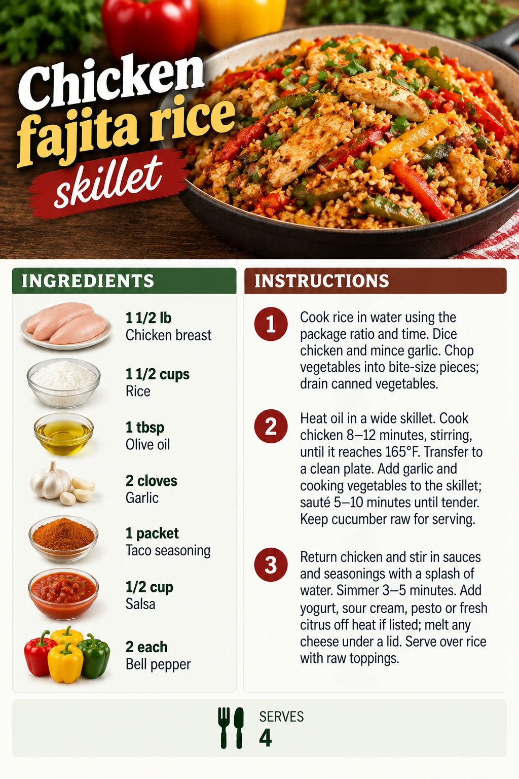 Saved Chicken fajita rice skillet recipe card; accessible ingredients and instructions are listed above.