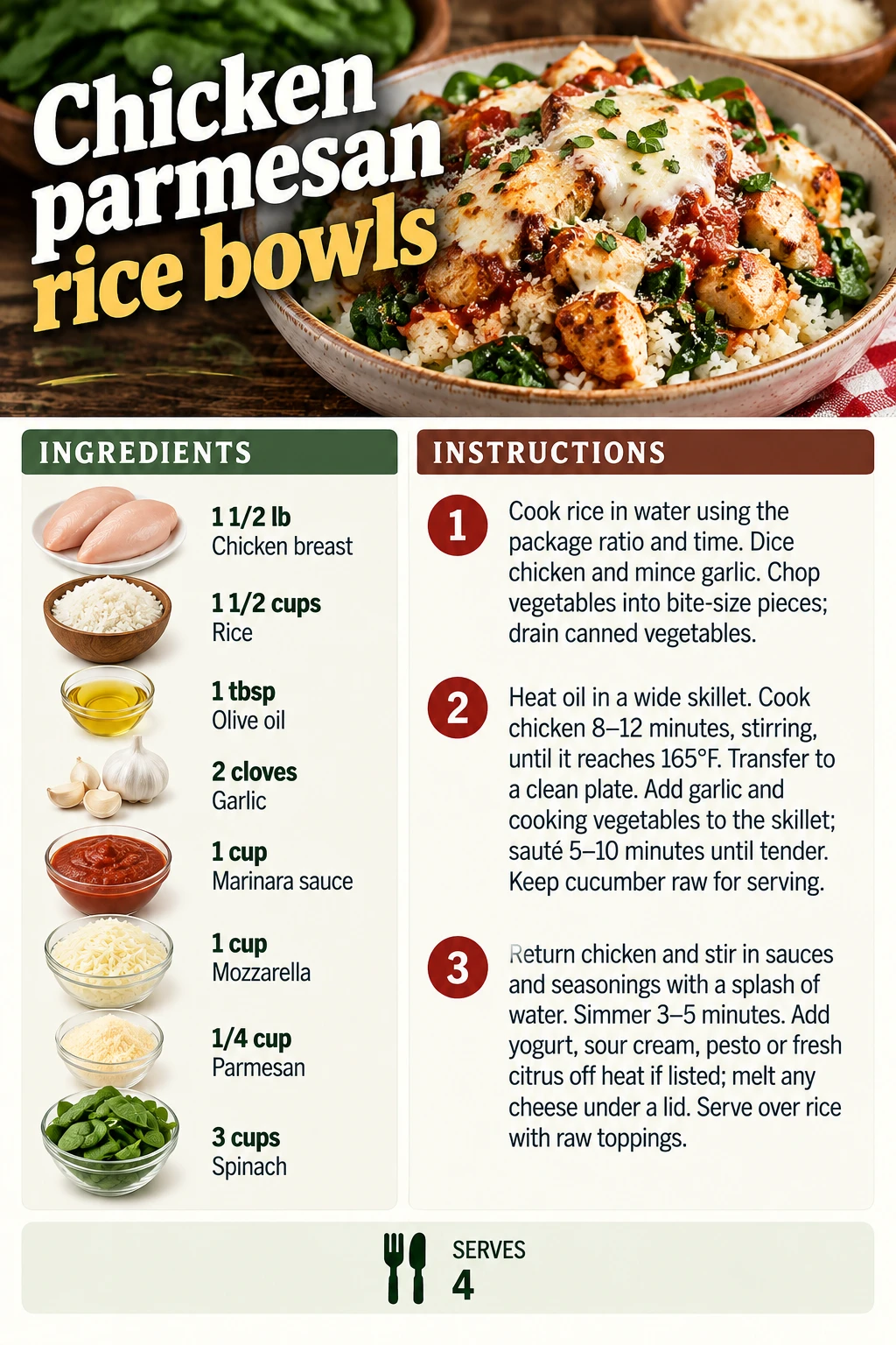 Saved Chicken parmesan rice bowls recipe card; accessible ingredients and instructions are listed above.
