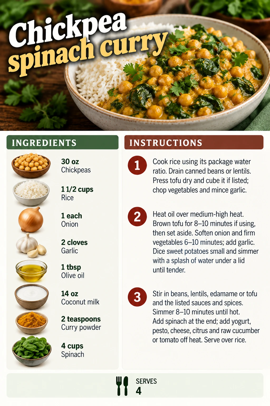 Saved Chickpea spinach curry recipe card; accessible ingredients and instructions are listed above.