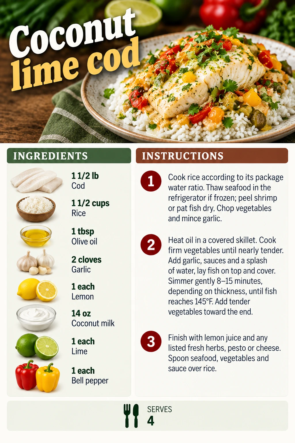 Saved Coconut lime cod recipe card; accessible ingredients and instructions are listed above.