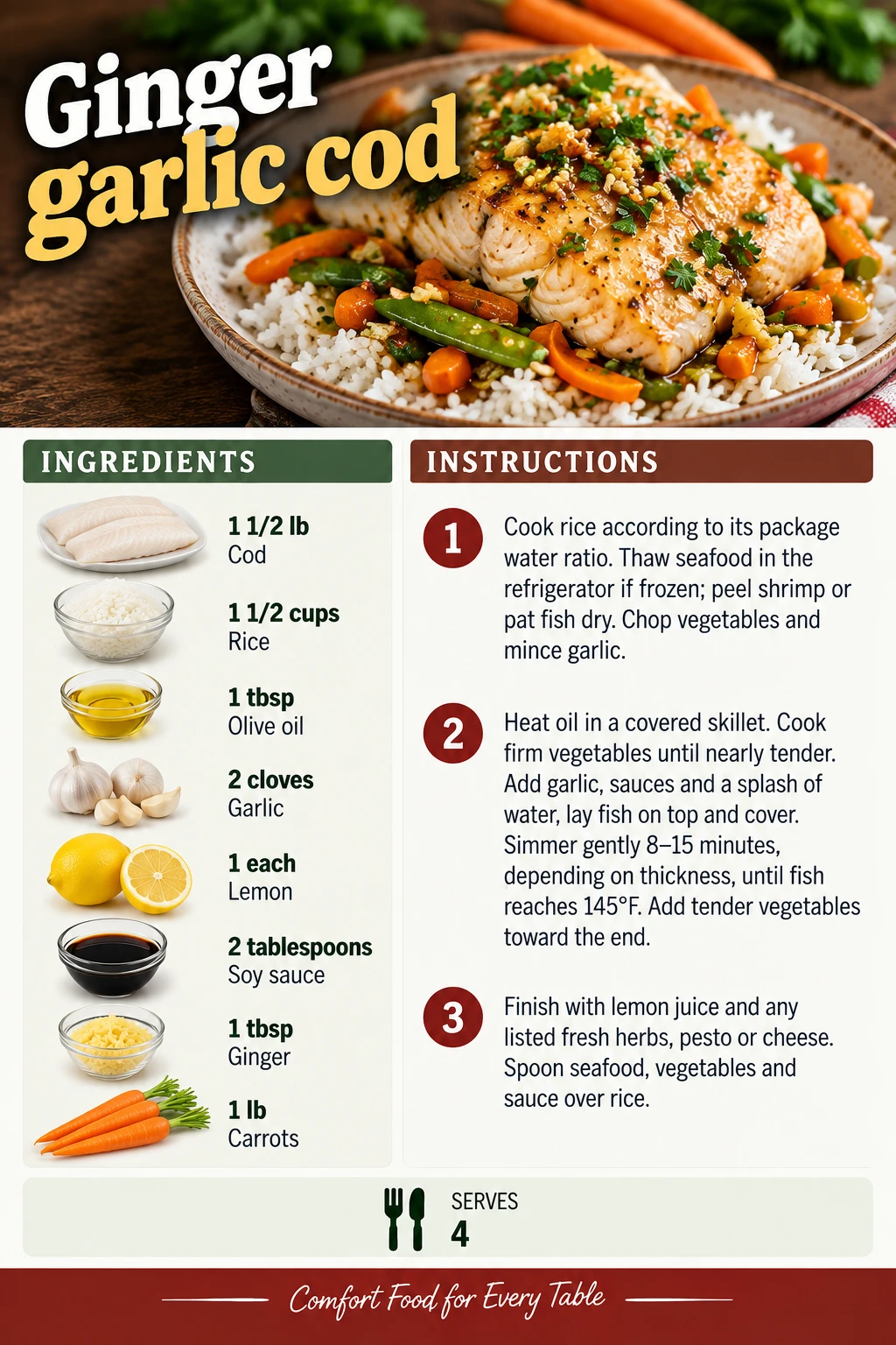 Saved Ginger garlic cod recipe card; accessible ingredients and instructions are listed above.