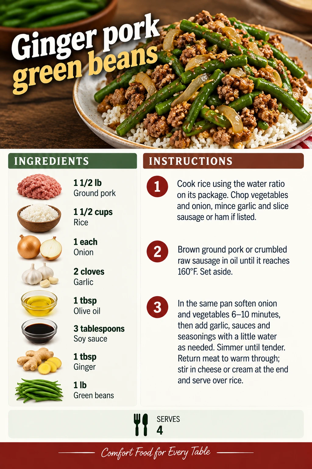 Saved Ginger pork green beans recipe card; accessible ingredients and instructions are listed above.