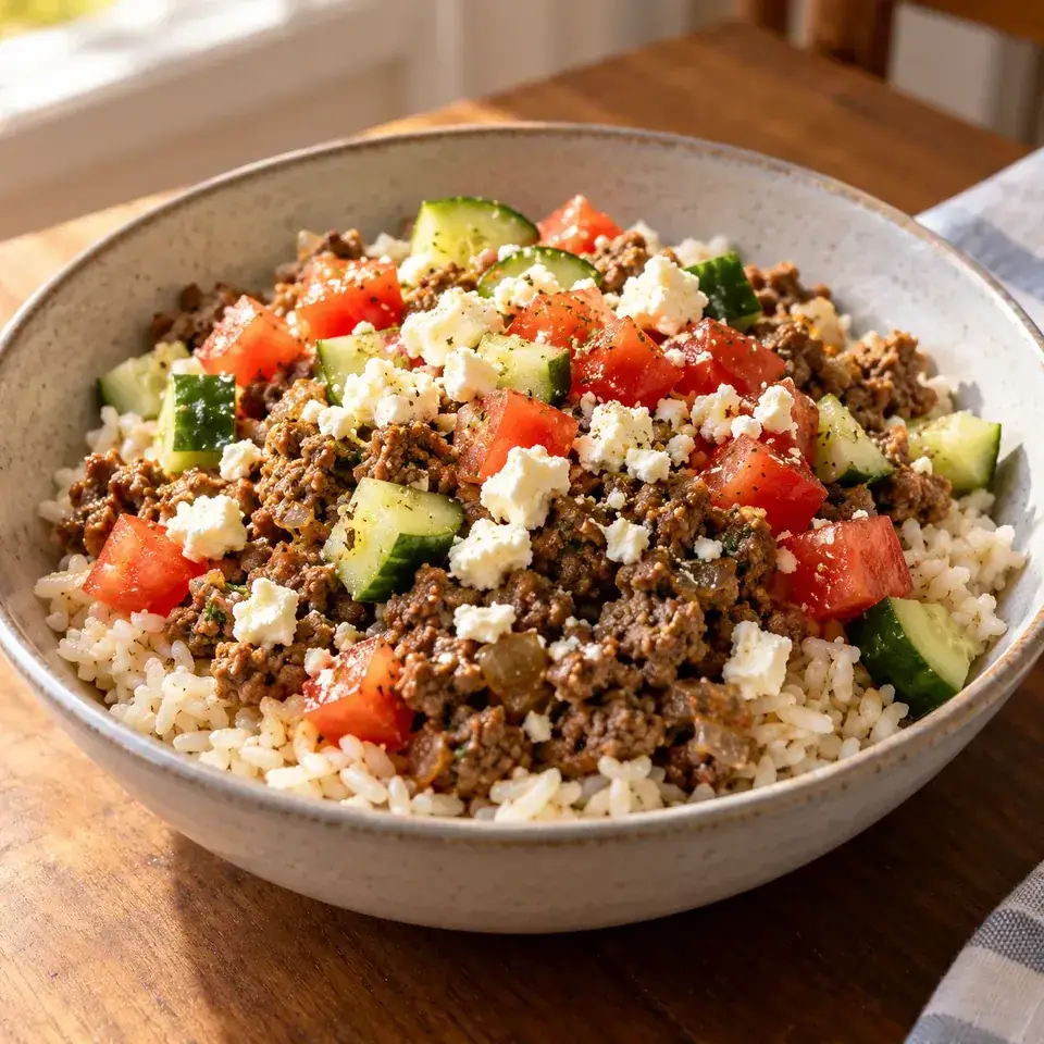 Greek beef rice bowls — serving inspiration
