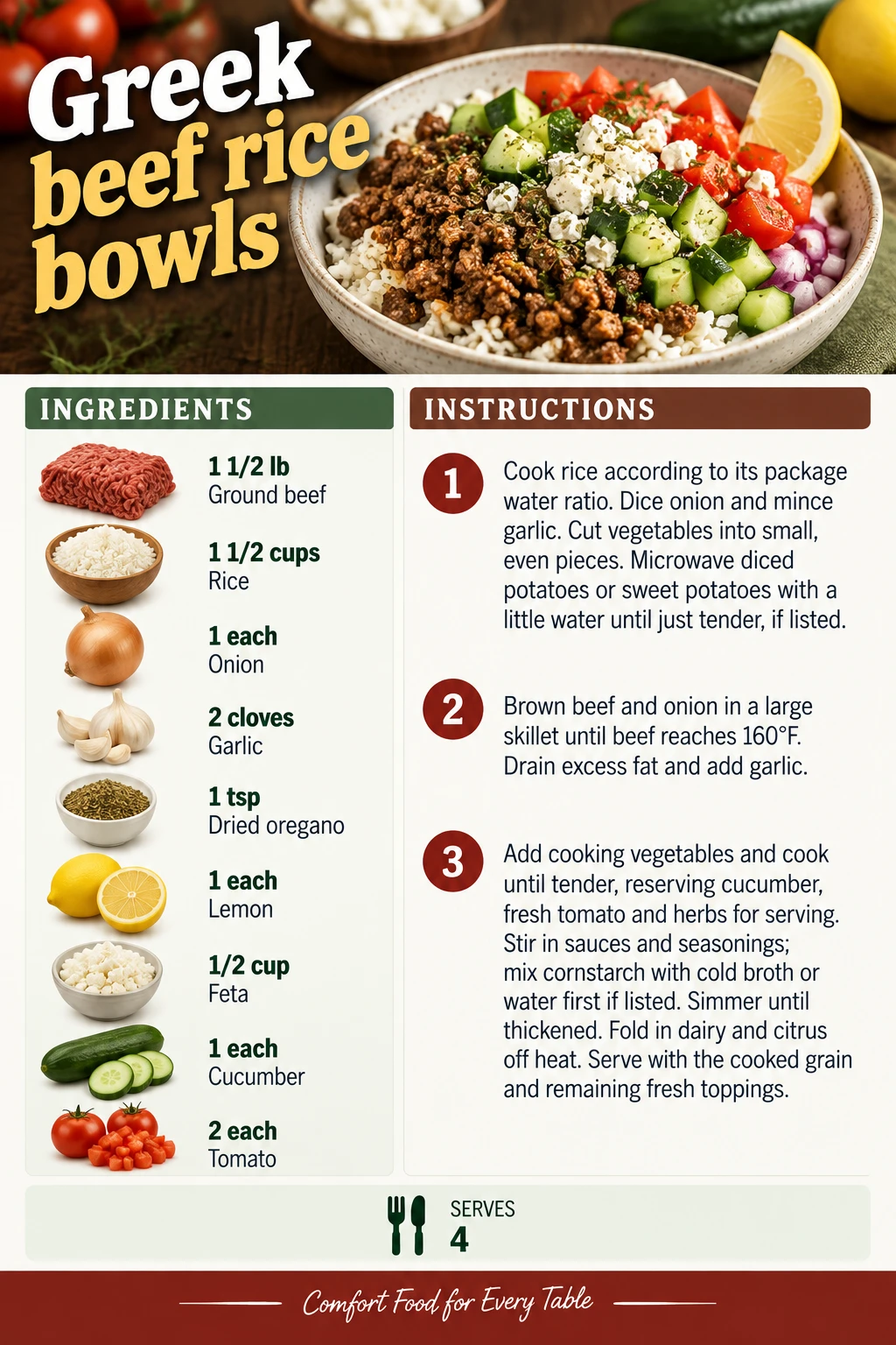 Saved Greek beef rice bowls recipe card; accessible ingredients and instructions are listed above.